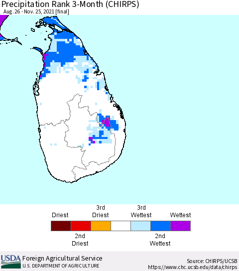 Sri Lanka Precipitation Rank since 1981, 3-Month (CHIRPS) Thematic Map For 8/26/2021 - 11/25/2021