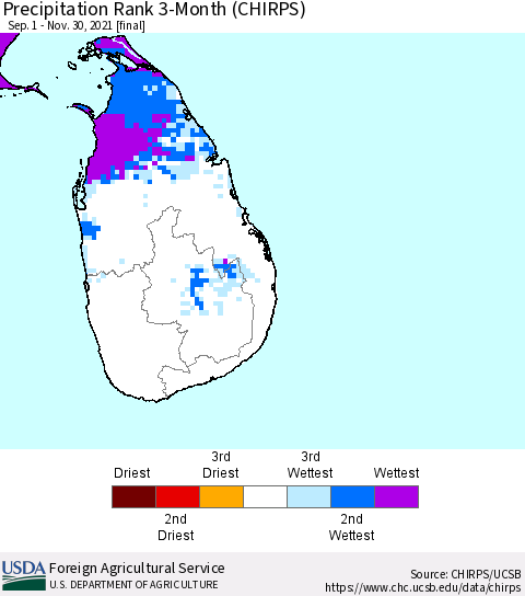Sri Lanka Precipitation Rank since 1981, 3-Month (CHIRPS) Thematic Map For 9/1/2021 - 11/30/2021