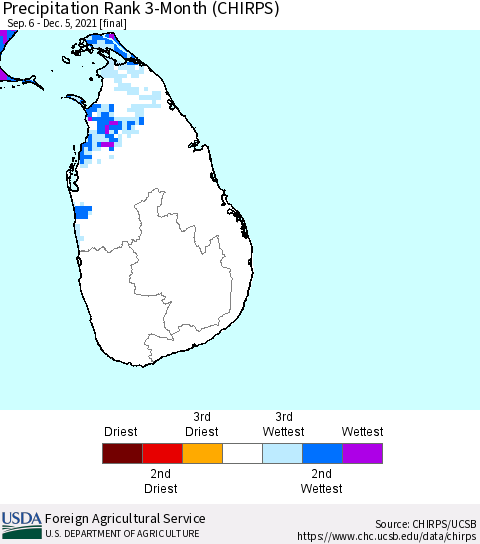 Sri Lanka Precipitation Rank 3-Month (CHIRPS) Thematic Map For 9/6/2021 - 12/5/2021