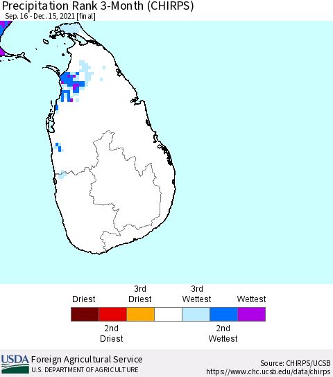 Sri Lanka Precipitation Rank since 1981, 3-Month (CHIRPS) Thematic Map For 9/16/2021 - 12/15/2021