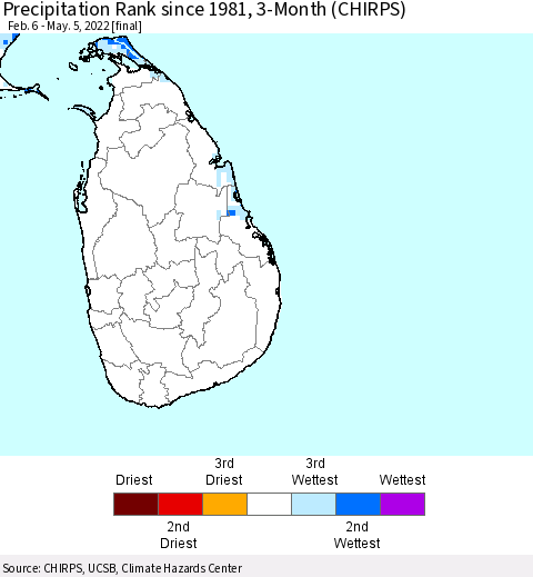 Sri Lanka Precipitation Rank since 1981, 3-Month (CHIRPS) Thematic Map For 2/6/2022 - 5/5/2022