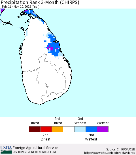Sri Lanka Precipitation Rank since 1981, 3-Month (CHIRPS) Thematic Map For 2/11/2022 - 5/10/2022