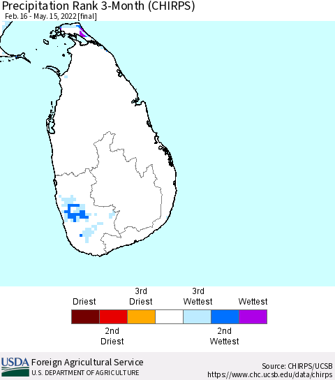 Sri Lanka Precipitation Rank 3-Month (CHIRPS) Thematic Map For 2/16/2022 - 5/15/2022