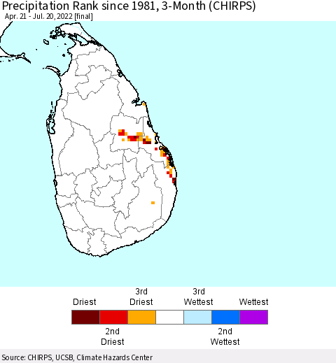 Sri Lanka Precipitation Rank since 1981, 3-Month (CHIRPS) Thematic Map For 4/21/2022 - 7/20/2022