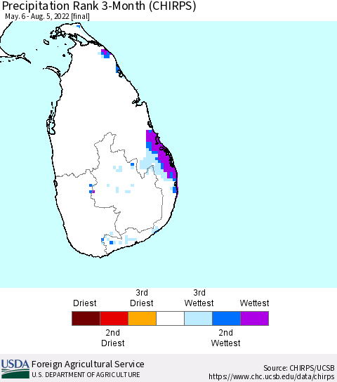Sri Lanka Precipitation Rank since 1981, 3-Month (CHIRPS) Thematic Map For 5/6/2022 - 8/5/2022
