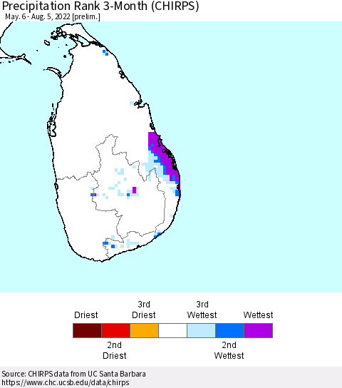 Sri Lanka Precipitation Rank 3-Month (CHIRPS) Thematic Map For 5/6/2022 - 8/5/2022