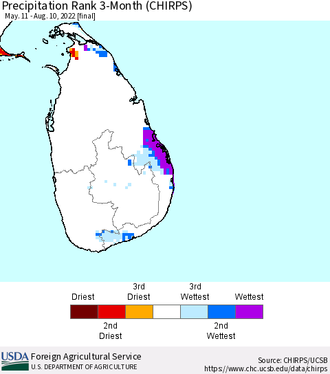 Sri Lanka Precipitation Rank since 1981, 3-Month (CHIRPS) Thematic Map For 5/11/2022 - 8/10/2022
