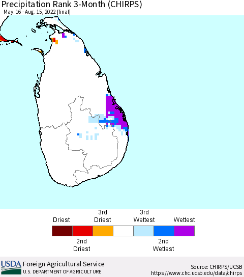 Sri Lanka Precipitation Rank since 1981, 3-Month (CHIRPS) Thematic Map For 5/16/2022 - 8/15/2022