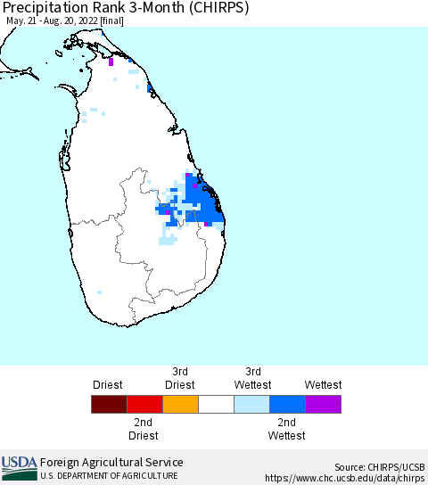 Sri Lanka Precipitation Rank since 1981, 3-Month (CHIRPS) Thematic Map For 5/21/2022 - 8/20/2022
