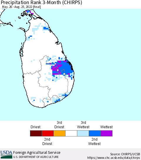 Sri Lanka Precipitation Rank since 1981, 3-Month (CHIRPS) Thematic Map For 5/26/2022 - 8/25/2022