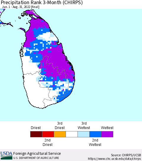 Sri Lanka Precipitation Rank since 1981, 3-Month (CHIRPS) Thematic Map For 6/1/2022 - 8/31/2022