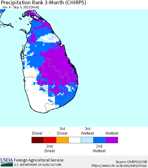 Sri Lanka Precipitation Rank since 1981, 3-Month (CHIRPS) Thematic Map For 6/6/2022 - 9/5/2022