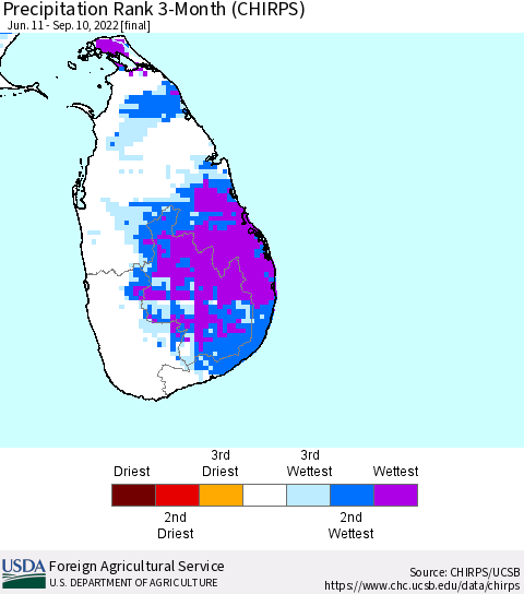 Sri Lanka Precipitation Rank since 1981, 3-Month (CHIRPS) Thematic Map For 6/11/2022 - 9/10/2022