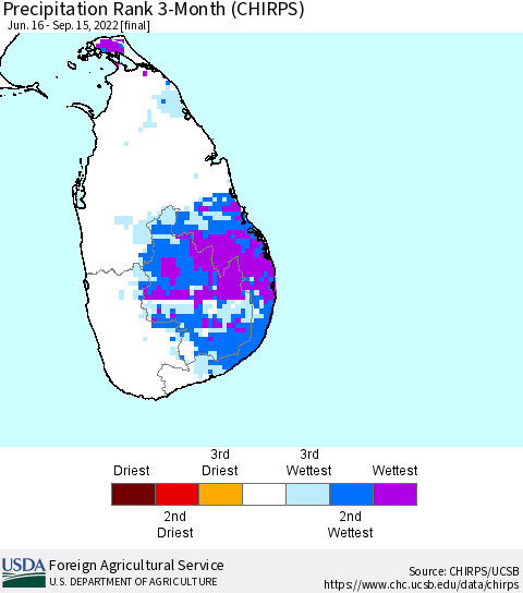 Sri Lanka Precipitation Rank since 1981, 3-Month (CHIRPS) Thematic Map For 6/16/2022 - 9/15/2022