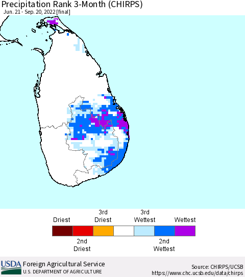 Sri Lanka Precipitation Rank since 1981, 3-Month (CHIRPS) Thematic Map For 6/21/2022 - 9/20/2022