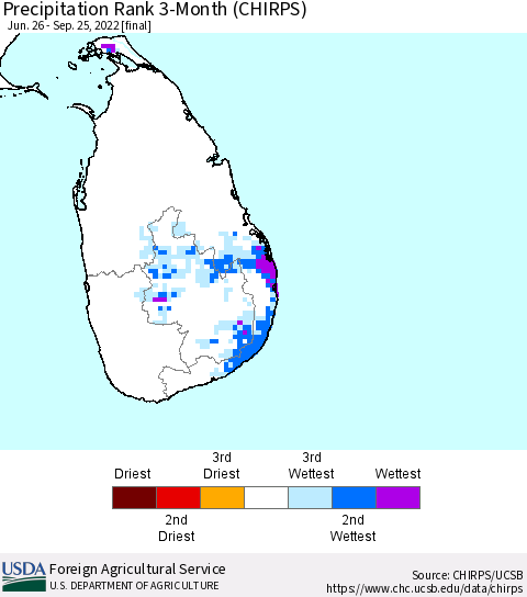 Sri Lanka Precipitation Rank since 1981, 3-Month (CHIRPS) Thematic Map For 6/26/2022 - 9/25/2022