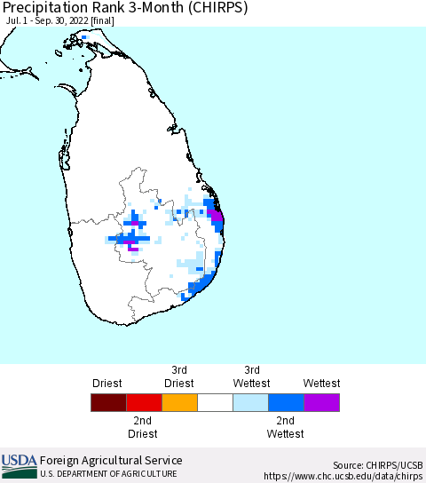Sri Lanka Precipitation Rank since 1981, 3-Month (CHIRPS) Thematic Map For 7/1/2022 - 9/30/2022