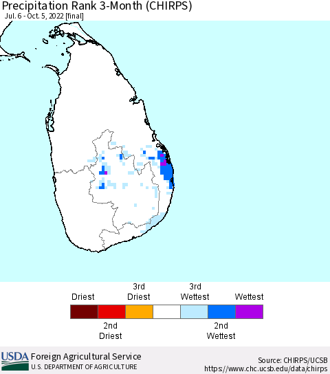 Sri Lanka Precipitation Rank since 1981, 3-Month (CHIRPS) Thematic Map For 7/6/2022 - 10/5/2022