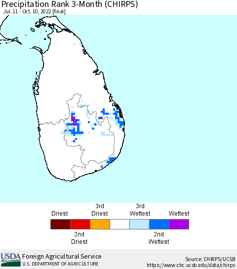 Sri Lanka Precipitation Rank since 1981, 3-Month (CHIRPS) Thematic Map For 7/11/2022 - 10/10/2022