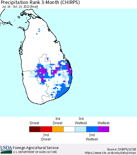 Sri Lanka Precipitation Rank since 1981, 3-Month (CHIRPS) Thematic Map For 7/16/2022 - 10/15/2022
