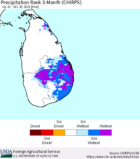 Sri Lanka Precipitation Rank since 1981, 3-Month (CHIRPS) Thematic Map For 7/21/2022 - 10/20/2022