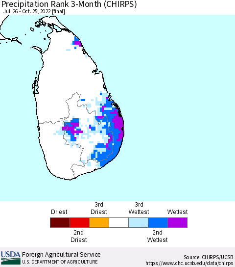 Sri Lanka Precipitation Rank since 1981, 3-Month (CHIRPS) Thematic Map For 7/26/2022 - 10/25/2022