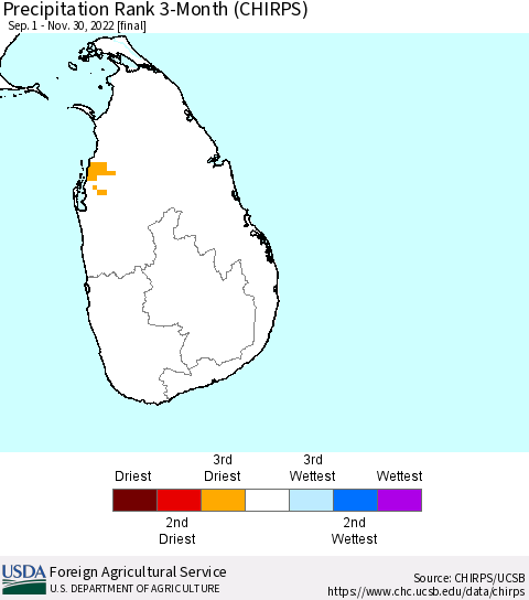 Sri Lanka Precipitation Rank since 1981, 3-Month (CHIRPS) Thematic Map For 9/1/2022 - 11/30/2022