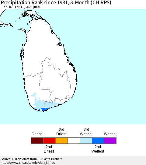 Sri Lanka Precipitation Rank since 1981, 3-Month (CHIRPS) Thematic Map For 1/16/2023 - 4/15/2023
