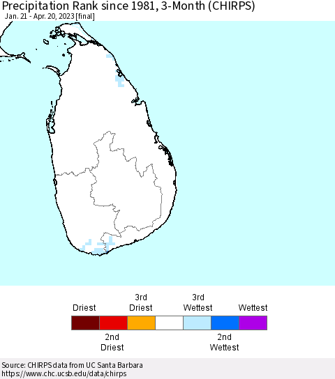 Sri Lanka Precipitation Rank since 1981, 3-Month (CHIRPS) Thematic Map For 1/21/2023 - 4/20/2023