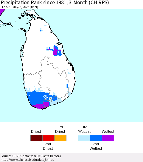 Sri Lanka Precipitation Rank since 1981, 3-Month (CHIRPS) Thematic Map For 2/6/2023 - 5/5/2023