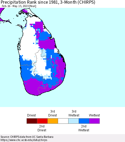 Sri Lanka Precipitation Rank since 1981, 3-Month (CHIRPS) Thematic Map For 2/16/2023 - 5/15/2023