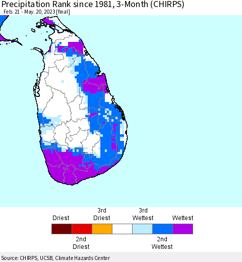 Sri Lanka Precipitation Rank since 1981, 3-Month (CHIRPS) Thematic Map For 2/21/2023 - 5/20/2023