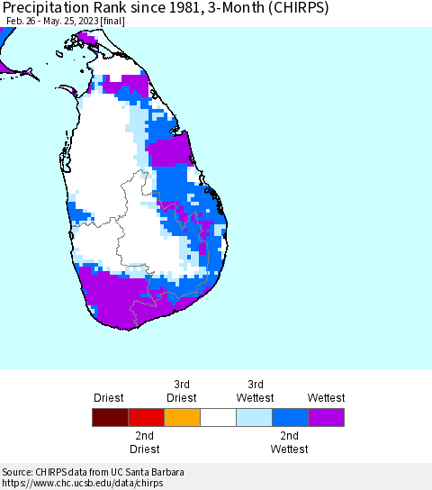 Sri Lanka Precipitation Rank since 1981, 3-Month (CHIRPS) Thematic Map For 2/26/2023 - 5/25/2023
