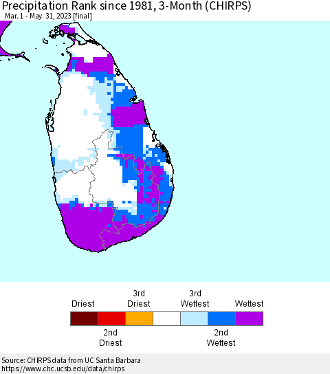 Sri Lanka Precipitation Rank since 1981, 3-Month (CHIRPS) Thematic Map For 3/1/2023 - 5/31/2023