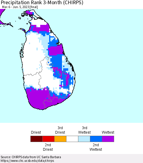 Sri Lanka Precipitation Rank since 1981, 3-Month (CHIRPS) Thematic Map For 3/6/2023 - 6/5/2023
