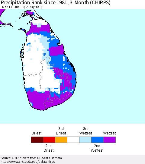 Sri Lanka Precipitation Rank since 1981, 3-Month (CHIRPS) Thematic Map For 3/11/2023 - 6/10/2023