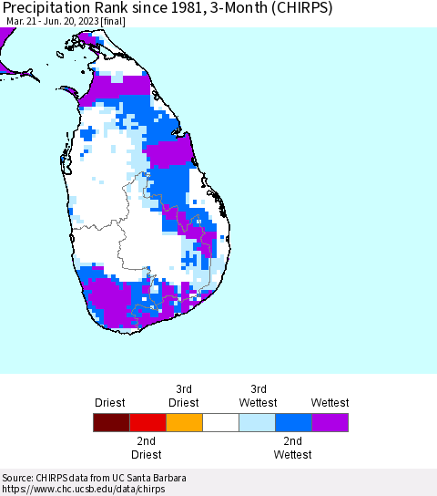 Sri Lanka Precipitation Rank since 1981, 3-Month (CHIRPS) Thematic Map For 3/21/2023 - 6/20/2023