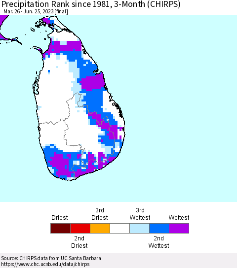 Sri Lanka Precipitation Rank since 1981, 3-Month (CHIRPS) Thematic Map For 3/26/2023 - 6/25/2023