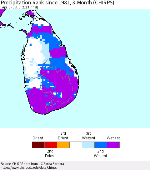 Sri Lanka Precipitation Rank since 1981, 3-Month (CHIRPS) Thematic Map For 4/6/2023 - 7/5/2023