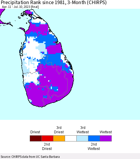 Sri Lanka Precipitation Rank since 1981, 3-Month (CHIRPS) Thematic Map For 4/11/2023 - 7/10/2023