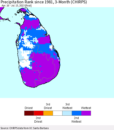 Sri Lanka Precipitation Rank since 1981, 3-Month (CHIRPS) Thematic Map For 4/16/2023 - 7/15/2023