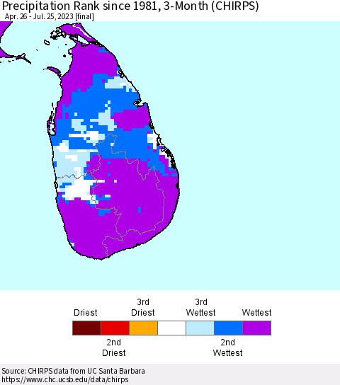 Sri Lanka Precipitation Rank since 1981, 3-Month (CHIRPS) Thematic Map For 4/26/2023 - 7/25/2023