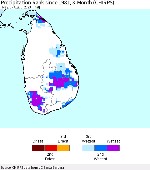 Sri Lanka Precipitation Rank since 1981, 3-Month (CHIRPS) Thematic Map For 5/6/2023 - 8/5/2023