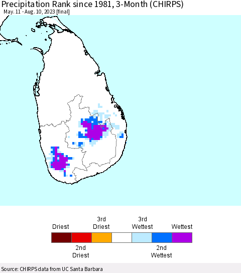 Sri Lanka Precipitation Rank since 1981, 3-Month (CHIRPS) Thematic Map For 5/11/2023 - 8/10/2023