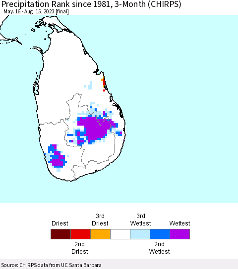 Sri Lanka Precipitation Rank since 1981, 3-Month (CHIRPS) Thematic Map For 5/16/2023 - 8/15/2023