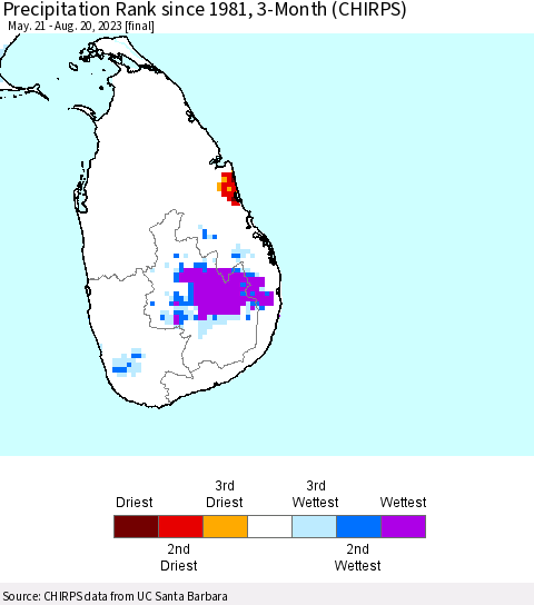 Sri Lanka Precipitation Rank since 1981, 3-Month (CHIRPS) Thematic Map For 5/21/2023 - 8/20/2023