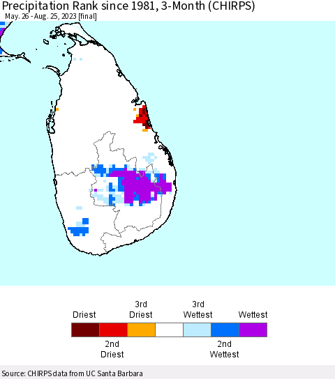 Sri Lanka Precipitation Rank since 1981, 3-Month (CHIRPS) Thematic Map For 5/26/2023 - 8/25/2023