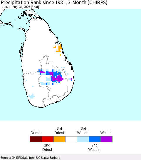 Sri Lanka Precipitation Rank since 1981, 3-Month (CHIRPS) Thematic Map For 6/1/2023 - 8/31/2023