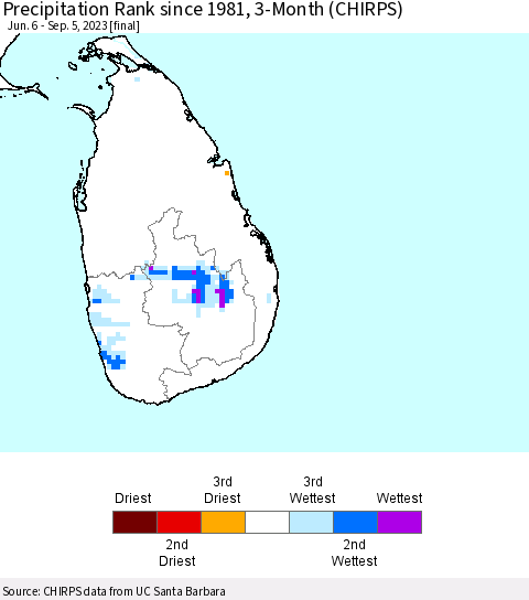 Sri Lanka Precipitation Rank since 1981, 3-Month (CHIRPS) Thematic Map For 6/6/2023 - 9/5/2023