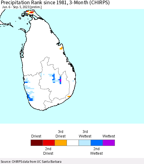 Sri Lanka Precipitation Rank since 1981, 3-Month (CHIRPS) Thematic Map For 6/6/2023 - 9/5/2023